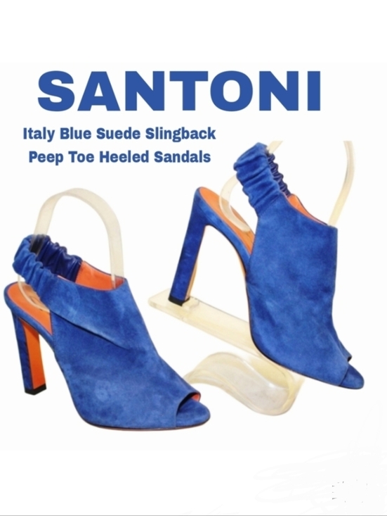 Santoni Shoes - Santoni Italy Made Luxury Blue Suede Slingback Peep Toe Heels SANDALS Shoes 37 7